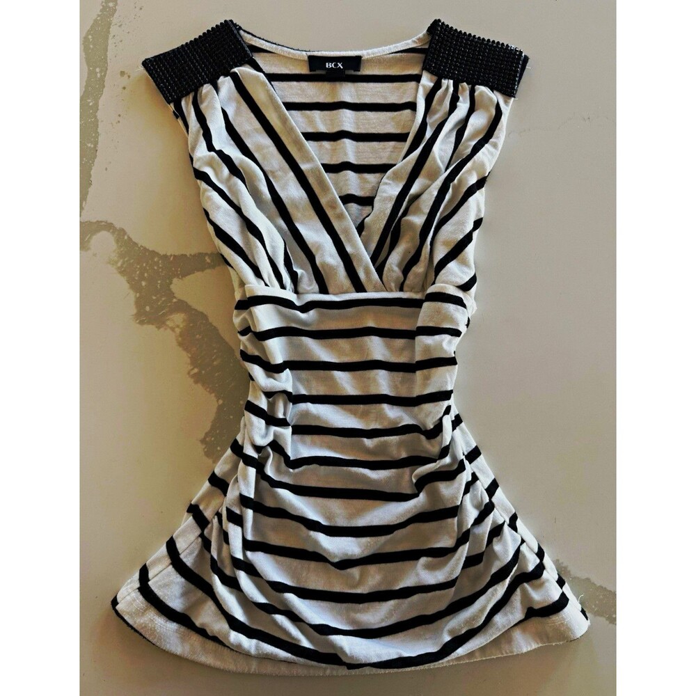 BCX Black White Striped Sleeveless V-Neck Short Dress Beaded Shoulders S